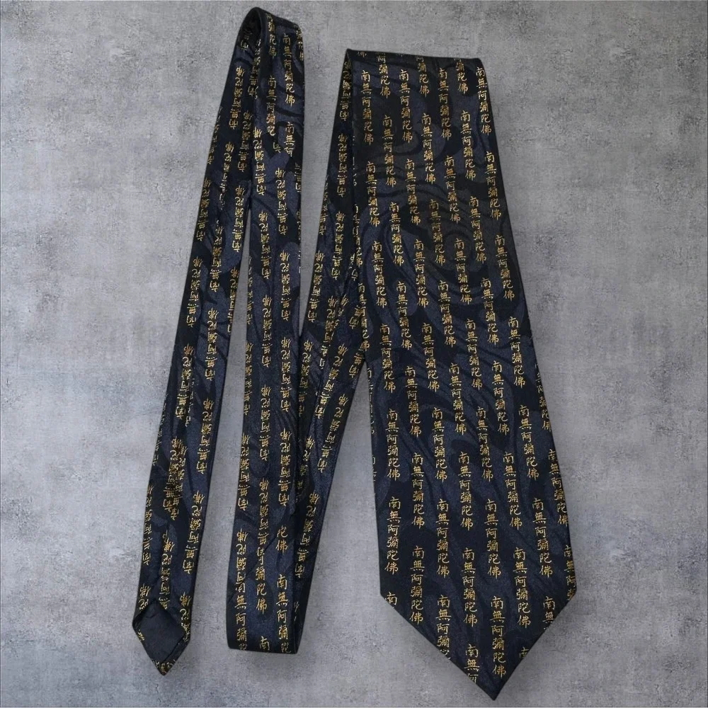 Montebello Handmade Italy Tie Blue Gold Asian Script Pattern Silk Necktie